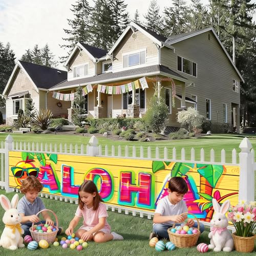 Image of Aloha Tropical Party Banner 78.7 x 17.7 Inch Colorful Letters with Pineapple Palm and Sunglasses Design Summer Luau Decoration for Yard Garden Wall or Indoor Celebration Display