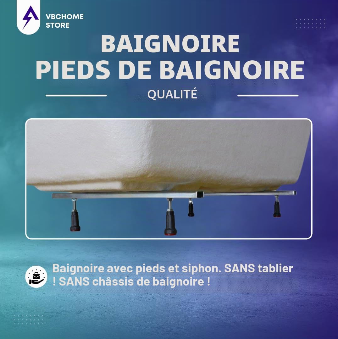 VBChome Baignoire 170 x 80 cm - Blanc - En acrylique - Pieds de baignoire - Siphon - Design moderne - Chromé