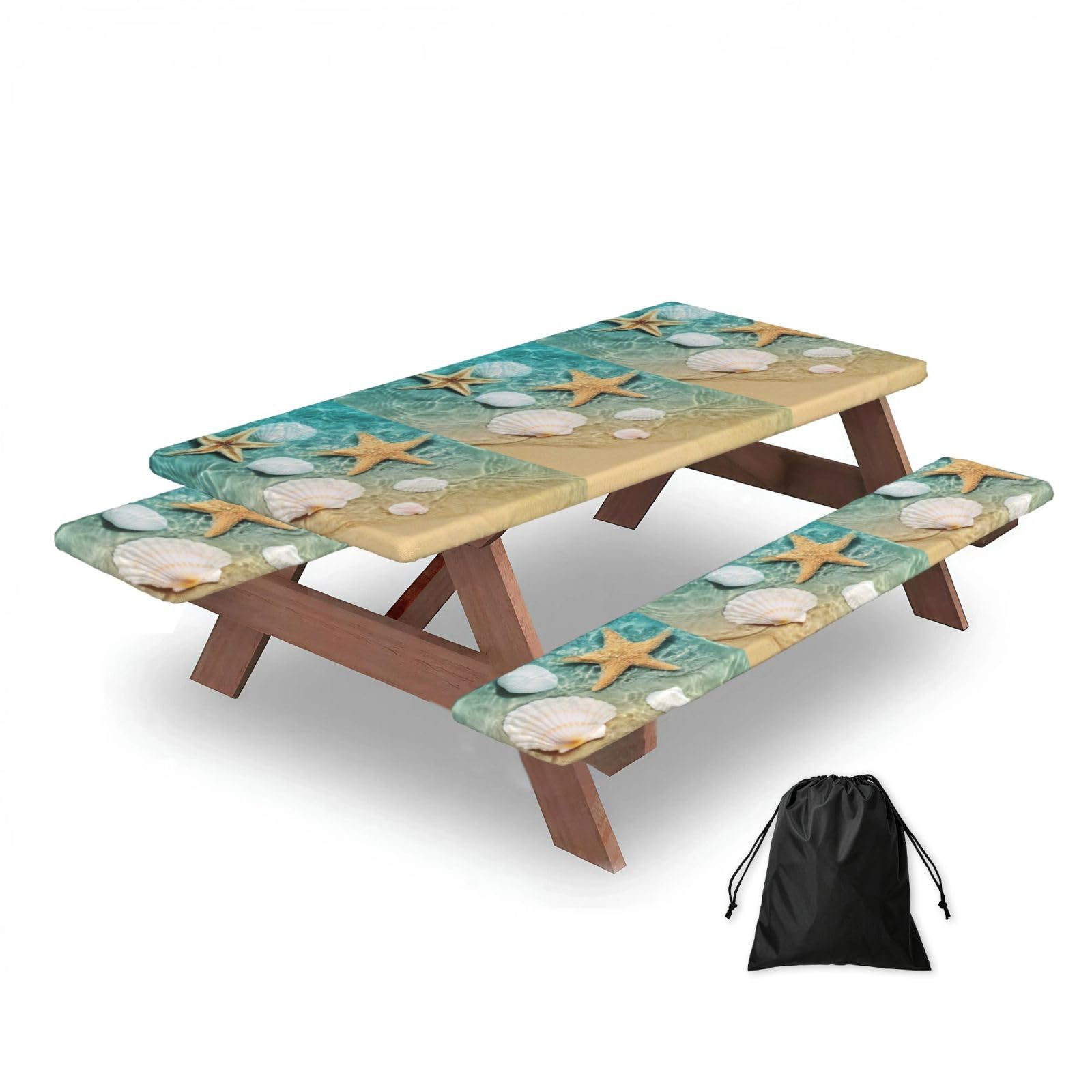 Starfish And Seashell Pattern, Picnic Table Cover With Bench Covers -Waterproof Elastic Fitted Tablecloth for Garden Camping Patio 76x152cm