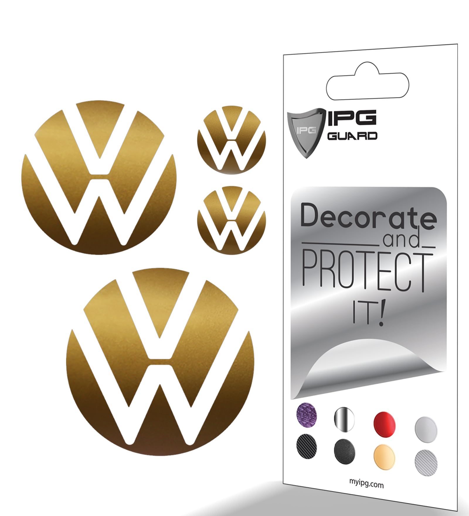 IPG Decal Made for VW 2021 Passat Polo Tiguan Golf Rear/Front Emblem Logo Decals Stickers Set (4 Units) (Metallic Gold)