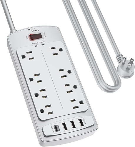 Vista 14 de Regleta de Protección contra Sobretensiones - Nuetsa Cable de Extensión de Enchufe Plano con 8 Tomas y 4 Puertos USB, Cable de Alimentación de 6