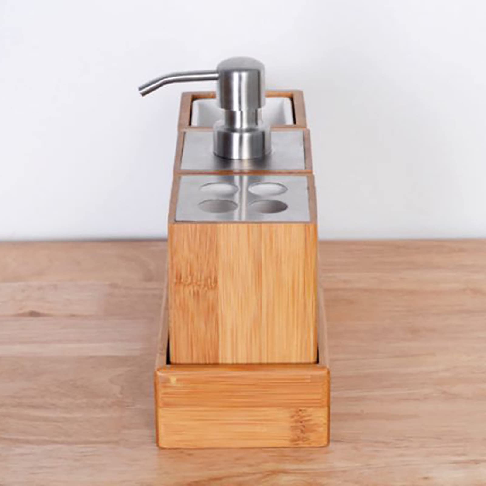 Juegos de Accesorios de Baño, Simple Madera Acesorios Cuartos de Baño 3 Piezas con Dispensador Jabon Baño Porta Cepillo de Dientes Bandeja, Multifuncional para Champú