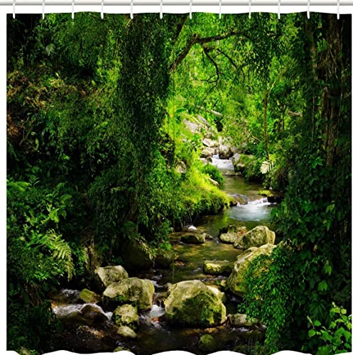 Green Nature Forest Jungle Tropical Shower Curtain Rainforest Woodland Stream Flowing Mossy Rocks Summer Landscape Scenery 155x180cm