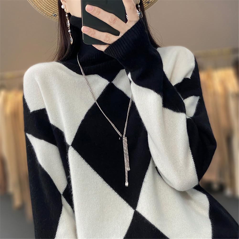 Youllyuu Maglione Dolcevita 100% Lana Maglione Pullover Lavorato a Maglia in Cashmere da Donna Maglione a rombo