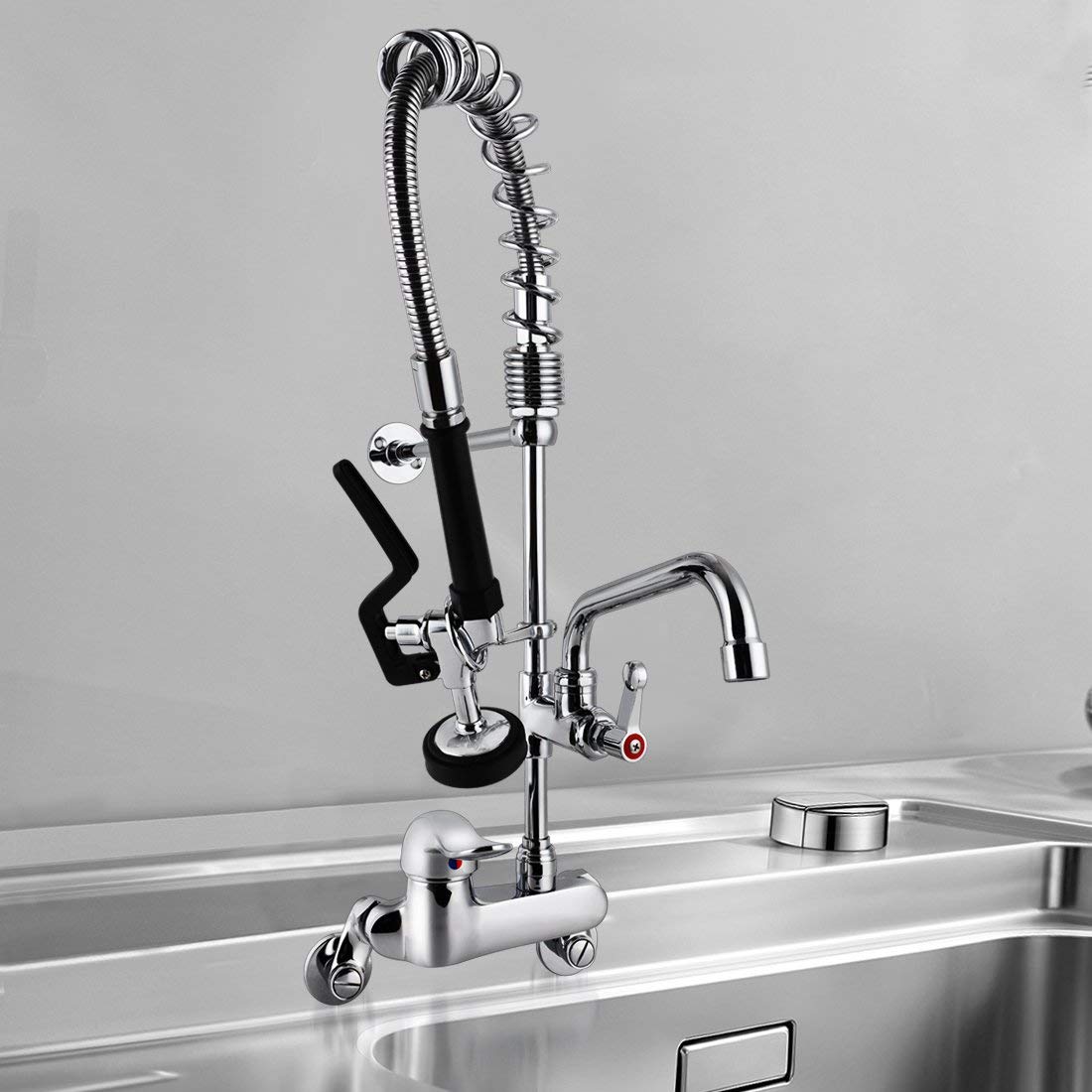 Gastro Wasserhahn Gastronomie Küchenarmatur I 4-8zoll Zweiloch Wandmontage I Singlegriff Schalten | Gastro Handbrause mit Zubehör | 12 Zoll Schwenkauslauf | Gastro Küchenarmatur 47zoll Höhe