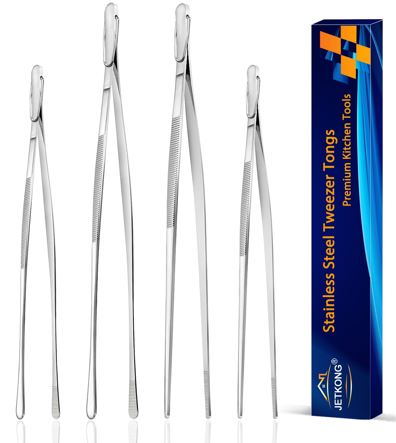 JETKONG 4 Pcs Kitchen Tweezers, 12'' and 10'' Stainless Steel Cooking Tweezers Set, High-Precision Tweezer Tongs for Cooking, Repairing, Seafood and BBQ (Silver)
