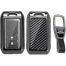 Metal Shell Car Key Fob Cover Compatible with Suzuki Swift Sport Ignis Vitara Hybrid V Wagon R Baleno Jimny Sierra Spacia 2025 Carbon Fiber Key Protective Case Keychain Holder 2/4 Buttons-A