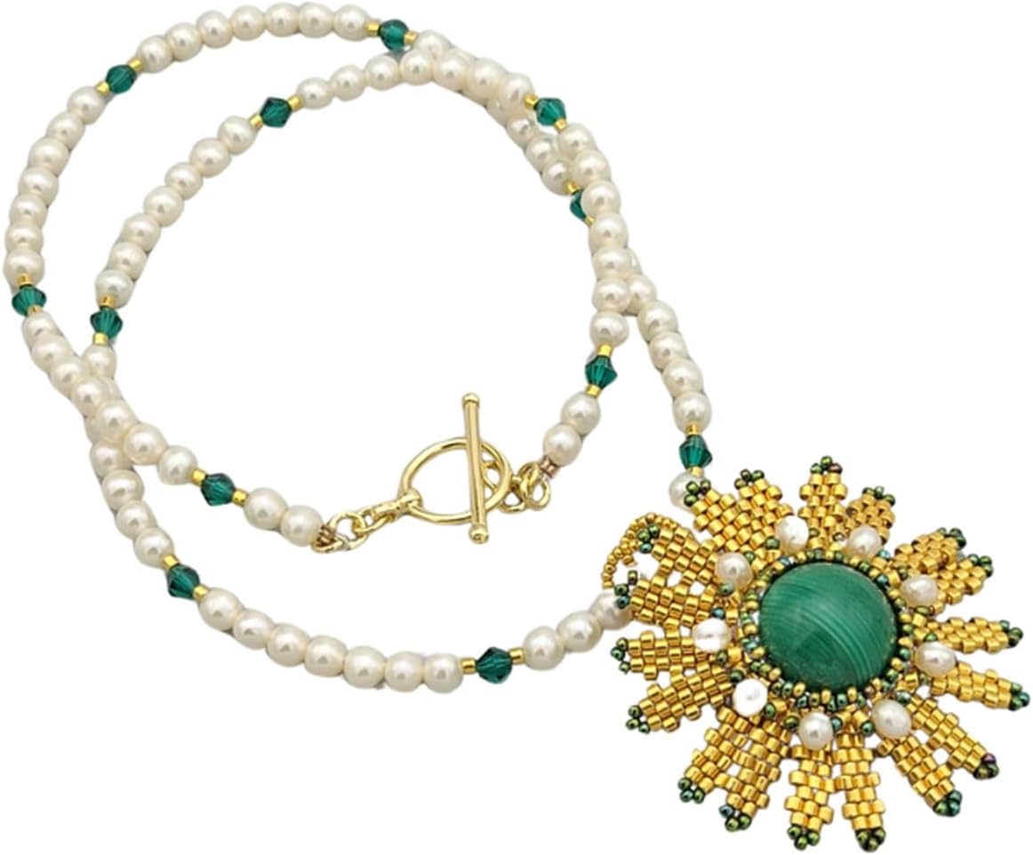 Malachite White Pearl Beadwork Bead Woven Seed Beads Handmade Necklace.