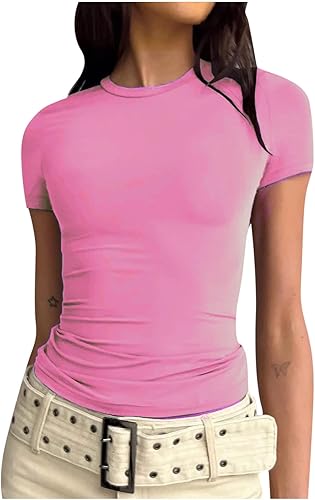 Camisetas cortas básicas para mujer, estilo casual, para salir, a la moda, ajustadas, de manga corta, ajustadas, para adolescentes, niñas, lindas