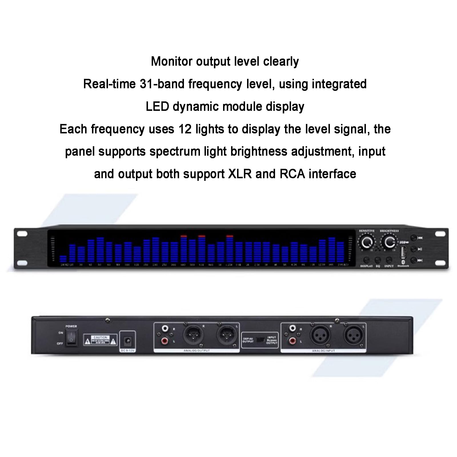 Ecualizador Digital, Analizador De Espectro De Audio De 31 Bandas, con 5 Modos Preestablecidos, Reducción De Ruido, Interfaz XLR Y RCA, Compatible con Reproducción De Disco U/Bluetooth