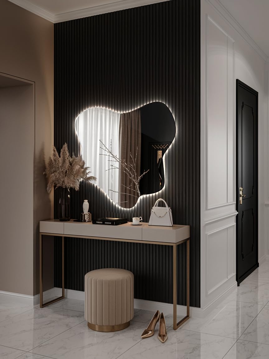 Grande Specchio Con Luci 77,3x76,6 cm Forma Irregolare Organico LED Illuminazione per Soggiorno Bagno Camera da Letto il Corridoio Bianco Freddo da Trucco Moderno Design Senza Cornice Asimmetrico