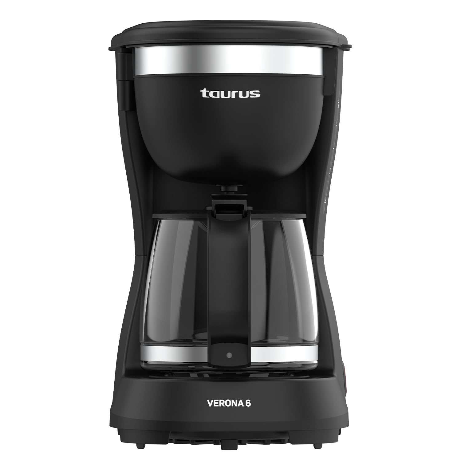 Taurus Verona 6 Drip Coffee Maker, 600W, 600 ml, Intense Flavour Tech, Heating Plate, Washable Permanent Filter, Leakproof Glass Jug, Compact Design Matte Black, BPA Free
