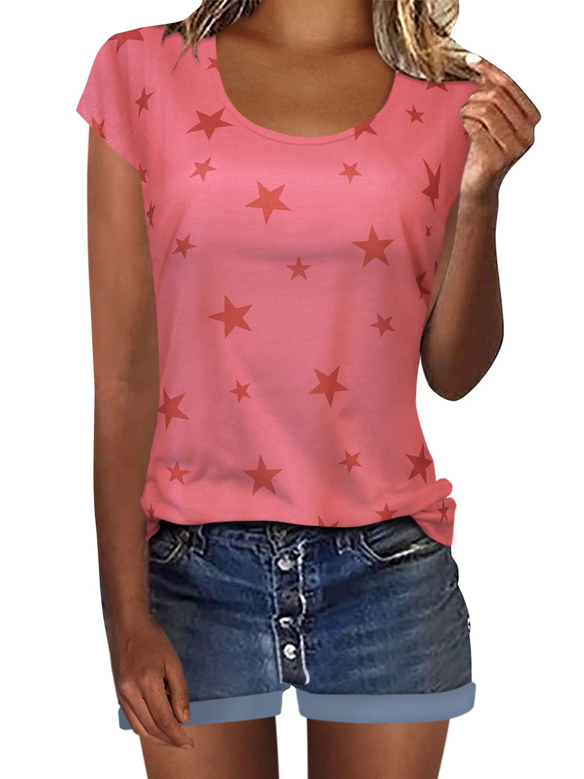 YOINS Women Short Sleeve Top T-Shirts Summer Round Neck Star Print Casual Blouses Shirts