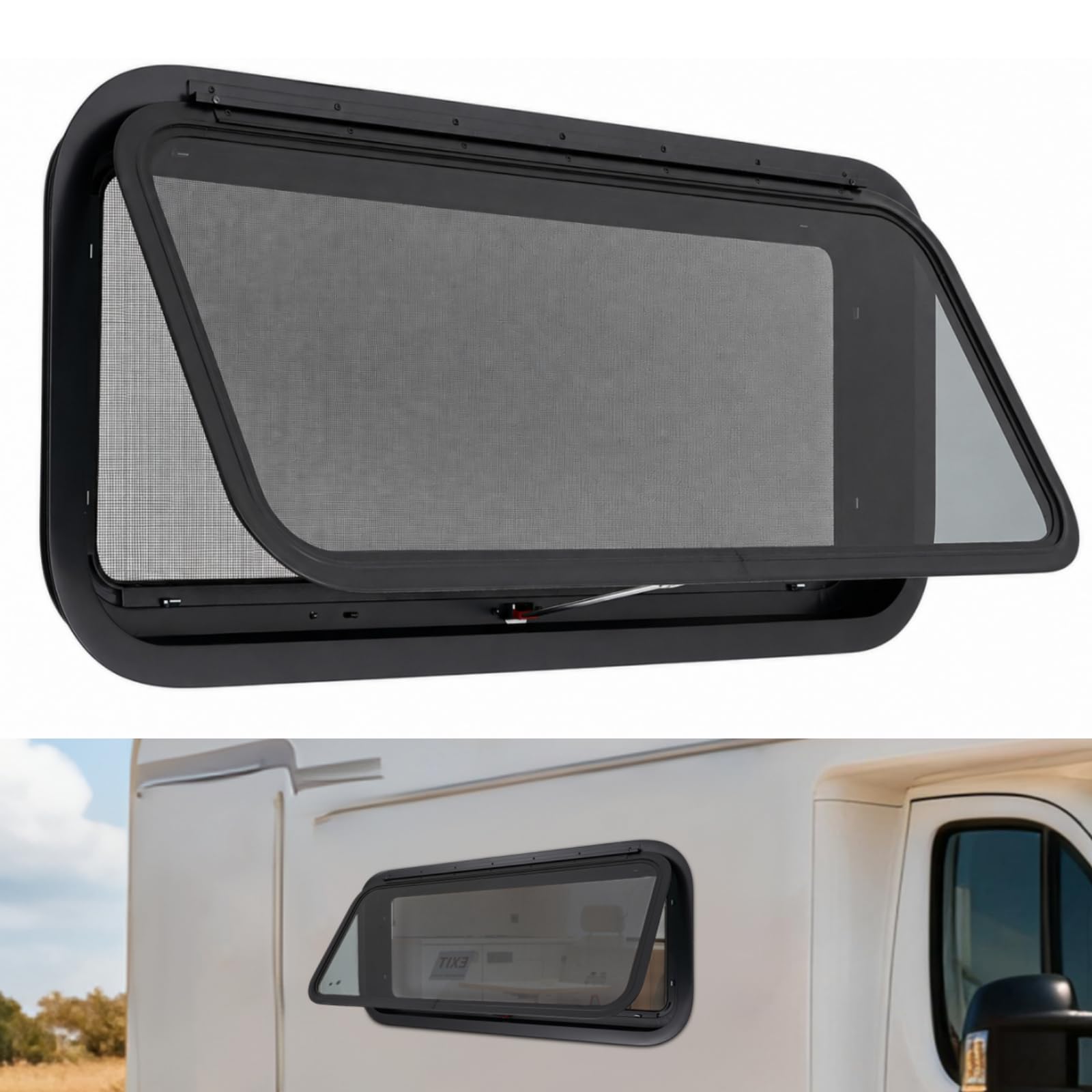 Wohnwagen Fenster 900x400mm Camper Ausstellfenster 15° | Aluminiumrahmen, Wetterfest, Rechteckig, 3mm Glasfenster Dicke, Universelles für Wohnmobile, Van