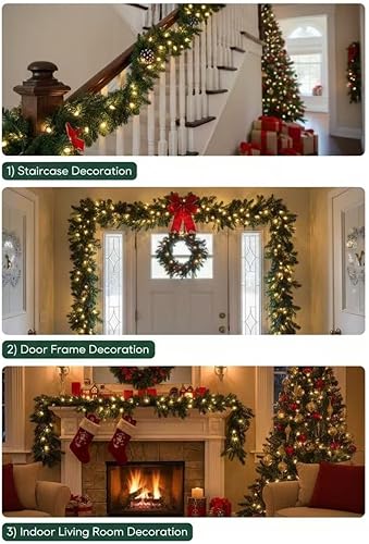 Miniatura 7 de Decoraciones navideñas gruesas preiluminadas, 9 pies con 220 ramas de cedro, 30 luces. Guirnalda verde artificial para decoración navideña de