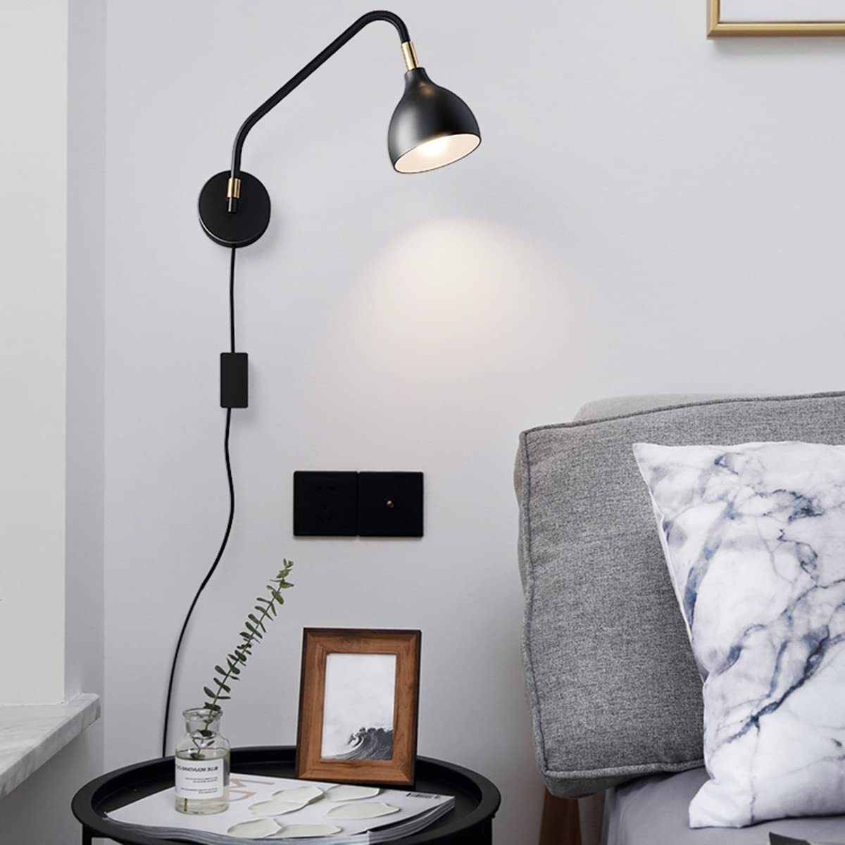 Wandleuchte Vintage Innen Mit Schalter, Wandlampe Retro E27 Mit Kabel Für Steckdose 180° Drehbar Schwarzes Metall Langer Arm Wandbeleuchtung Schlafzimmer Nachttischlampe Verstellbare Wandleselampen