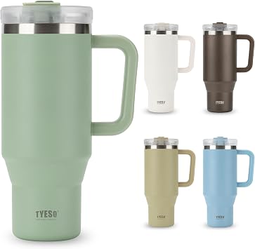 TYESO Vacuum Insulated Tumbler Water Bottle Cold Insulation Stainless Steel Bottle Straw Handle Mug Double Wall Wide Mouth LIGHT GREEN, 40 oz