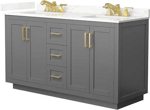 Wyndham Collection Miranda 60 Inch Double Bathroom Vanity in Dark Gray, Giotto Quartz Countertop, Undermount Square Sinks 3-Hole, Brushed Gold Trim