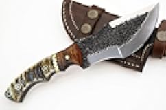 Whole Earth Supply D2 Steel Hunting Knife, Hammered Damascus Pattern, Ram Horn Handle, Leather Sheath (D2 Steel (Hammered), 4.5 inch blade)