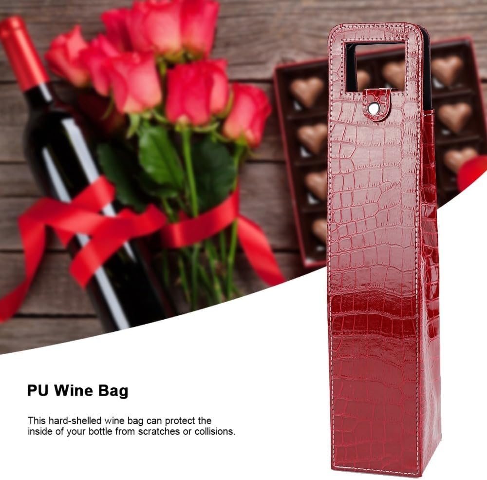 PU Leather Wine Tote Bag,Reusable Hard Shell Bottle Carrier Bag for Wine and Champagne Bottles,16.1 x 3.5 x 3.5 in(Red)