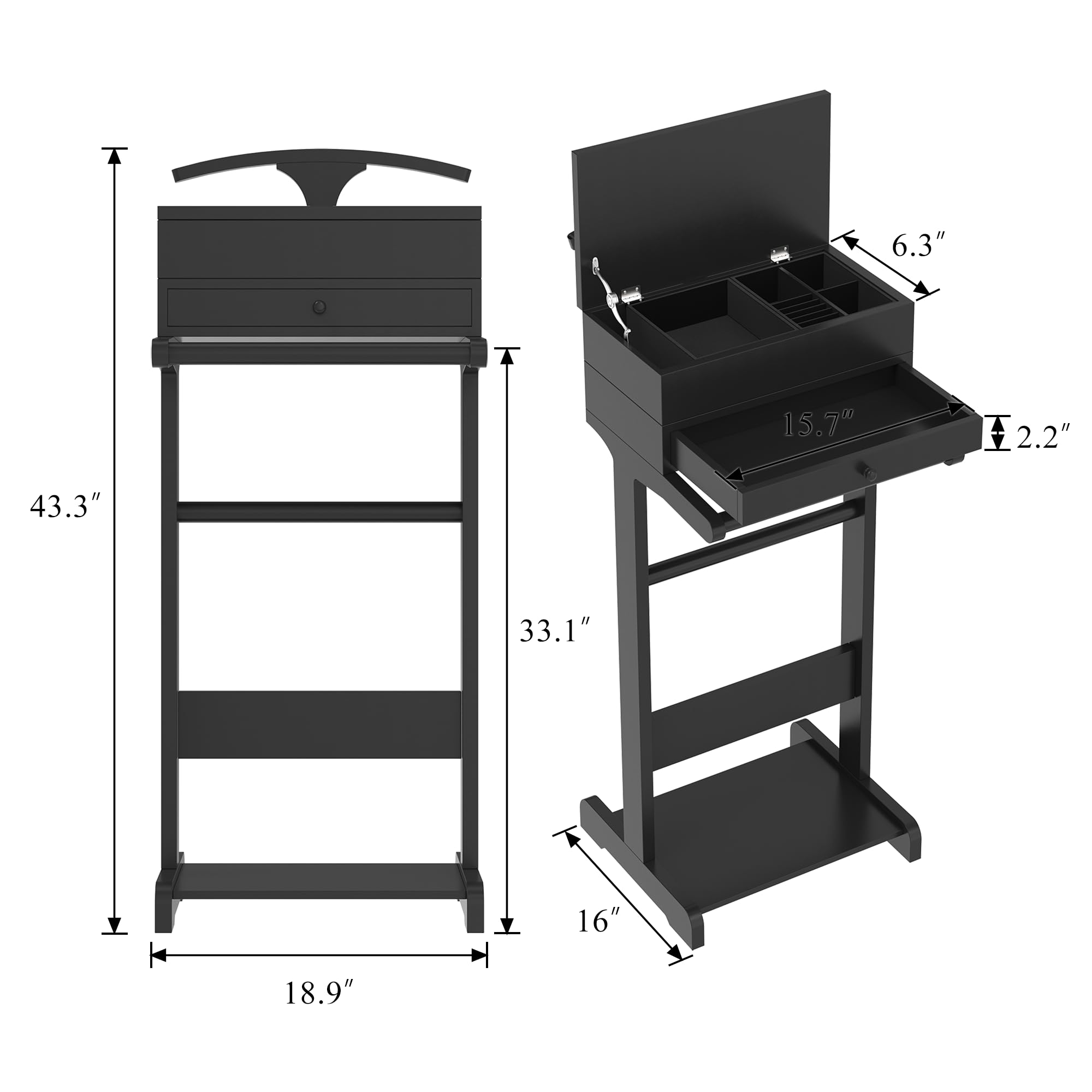 RELAHOGAR Mens Valet Stand with Drawer, Tray, Shoe Shelf and Suit Rack, Wooden Clothing Rack for Women, Clothes Valet Stand for Bedroom Entryway