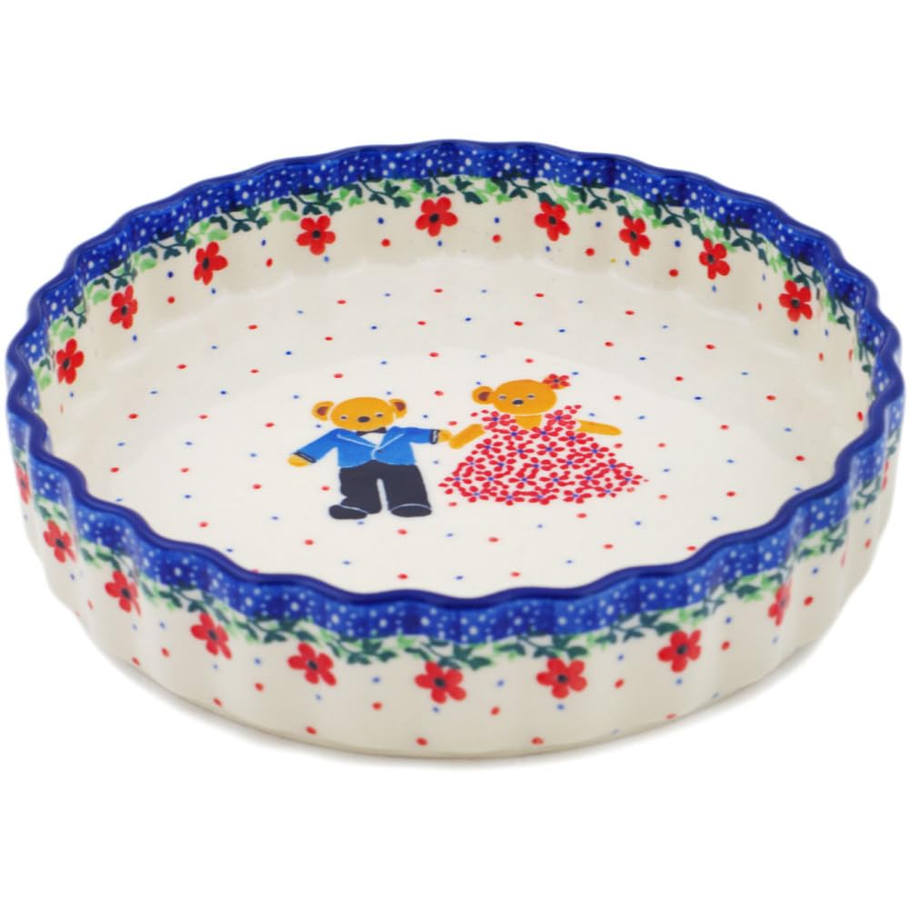 Authentic Polish Pottery Fluted Pie Dish Signature UNIKAT in Royal Teddy Design Handmade in Boles?awiec Poland by Ceramika Artystyczna + Certificate of Authenticity