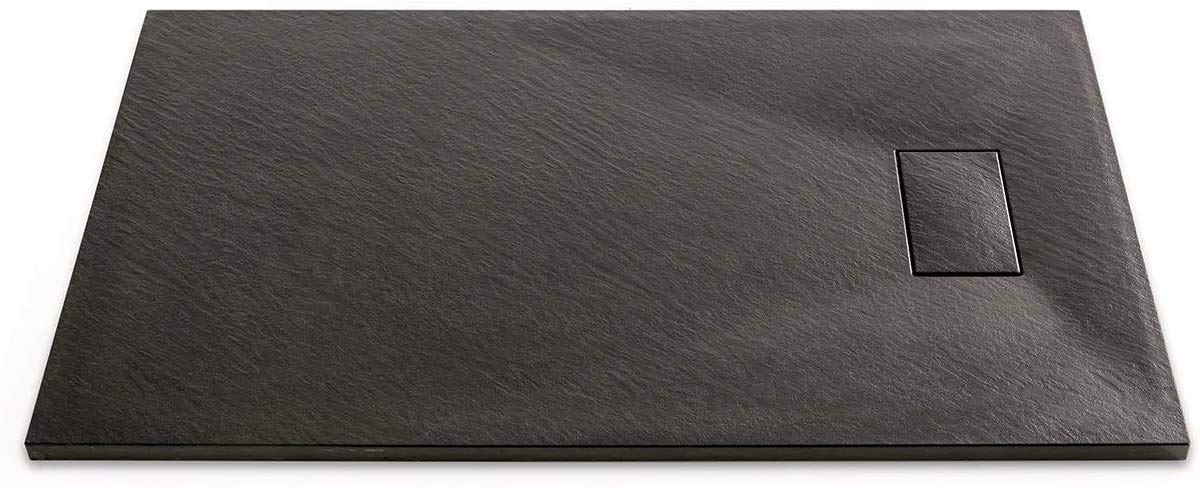 Piatto Doccia Spessore 2.6 Cm In Resina Effetto Pietra Stone Ardesia Filopavimento Antiscivolo Indistruttibile Riducibile Arredo Bagno Con Griglia Di Copertura Colore Nero (80 x 100 cm)