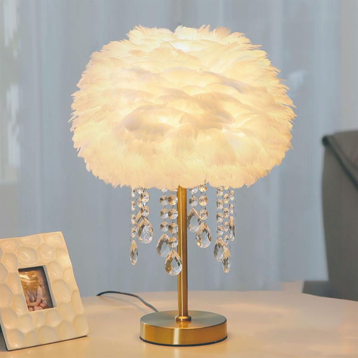 Fandian Feather Table Lamp White with LED Bulb Plug in Feather Night Lights Bedside Lamps for Mother Girlfriend Home Girl Room Wedding Decoration