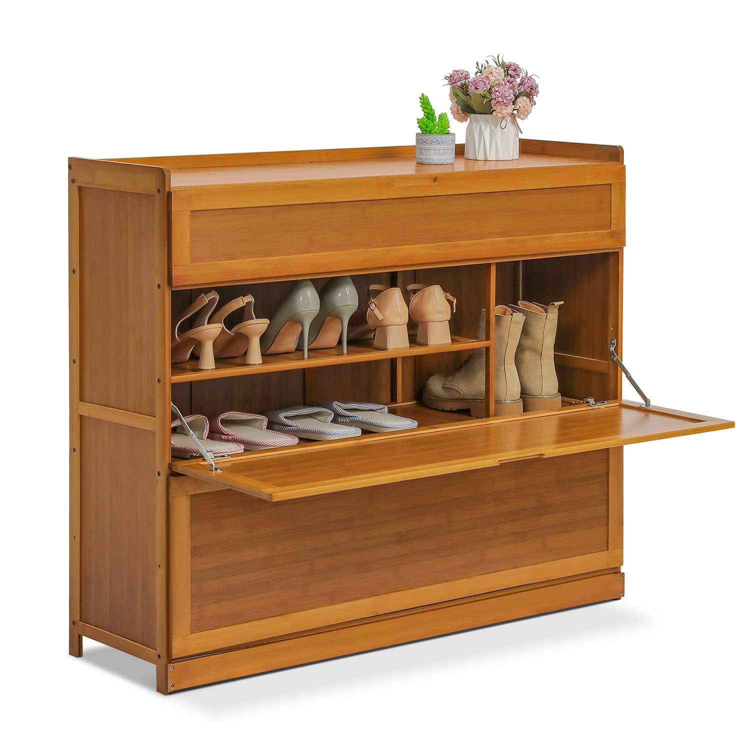 Bamboo 5-Tier Shoe Organizer Cabinet with Pull-Down Door,31-35 Pairs Sneakers, Heels, Boots Capacity for Hallway Entryway Storage, Brown
