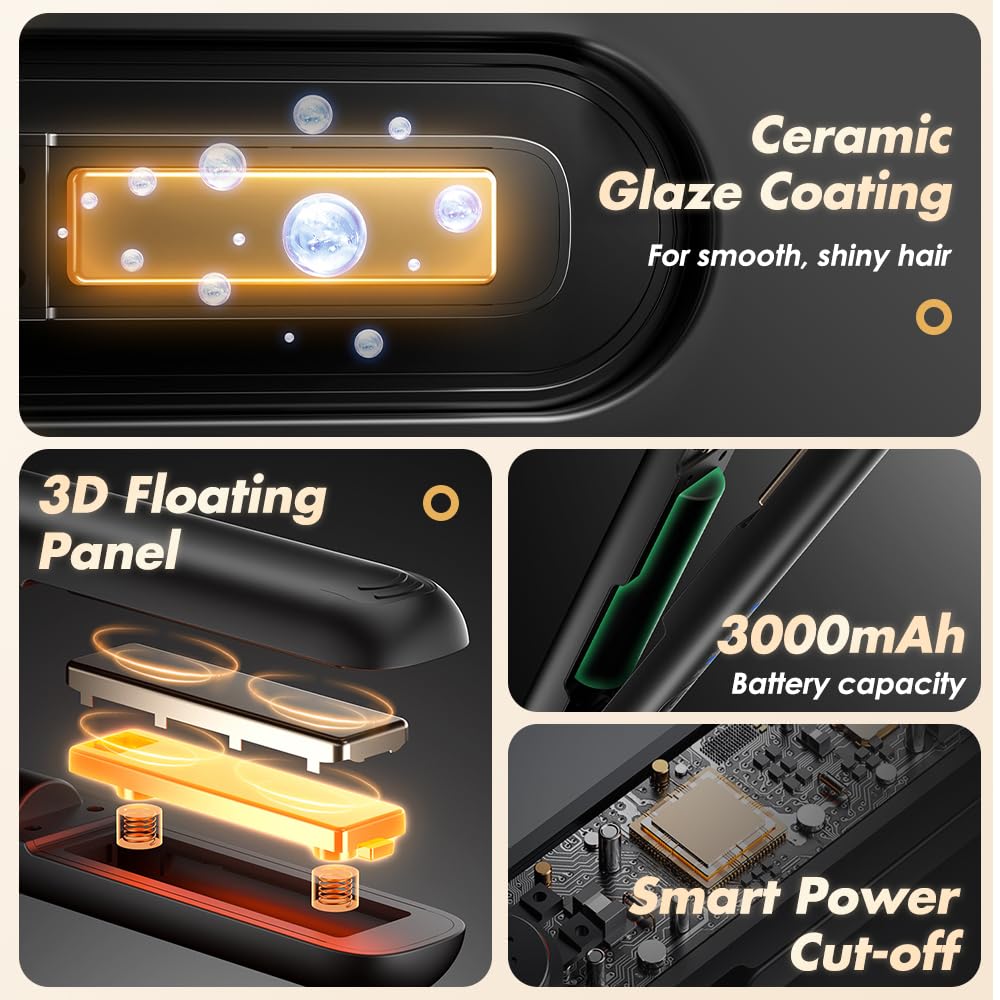 Mini Glätteisen Kabellos, 2 in 1 Reise Glätteisen Mini mit 4 Temperaturen glatteisen locken und Glätten mit LCD-Display Tragbares Reise glatteisen mit Aufladung, 30s Schnelles Aufheizen (Schwarz)