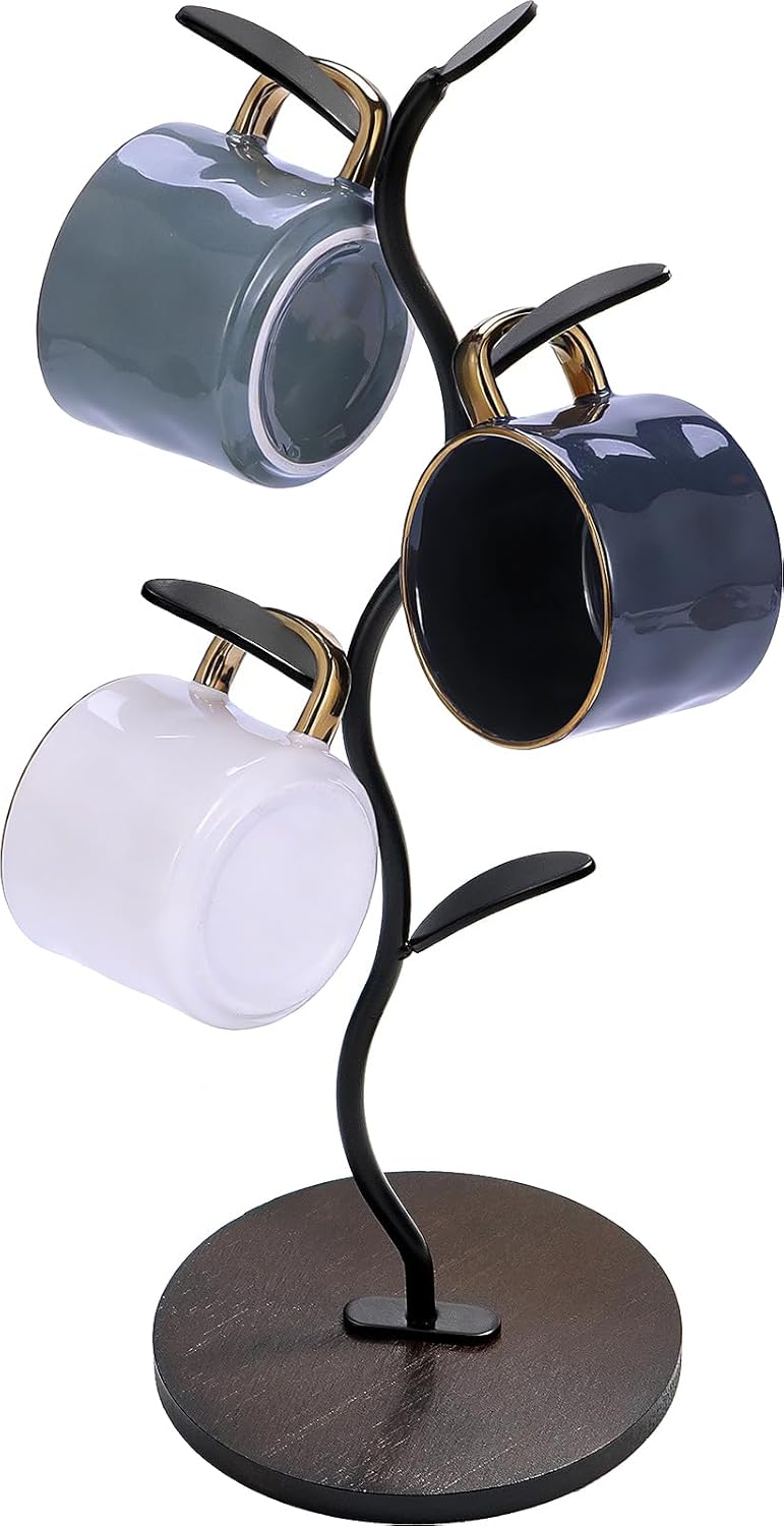 Mug Holder, Coffee Mug Holders Tree with 5 Hooks, Metal Coffee Cup with Stable Wooden Base, Countertop Organizer for Kitchen & Cafe