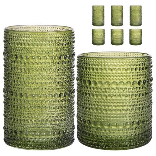 Moretoes Green Hobnail Drinking Glasses Set of 6 Glass Cups