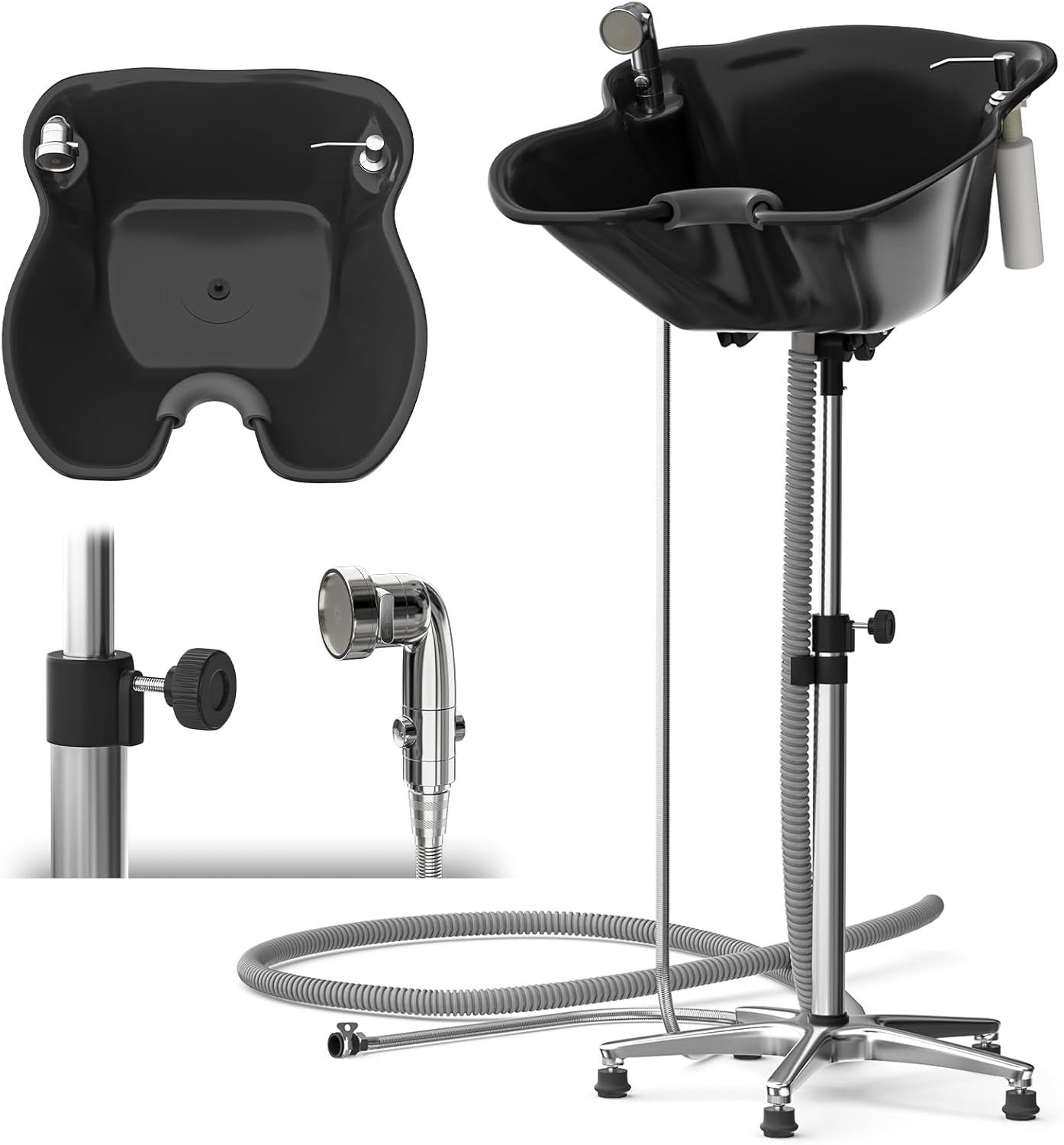 Portable Shampoo Bowls with Shower Sink for Home Washing Hair Shampoo Basin Height Adjustable Stainless Steel for Beauty Salon 9.8 Feet Drain Hoses Soap Dispenser