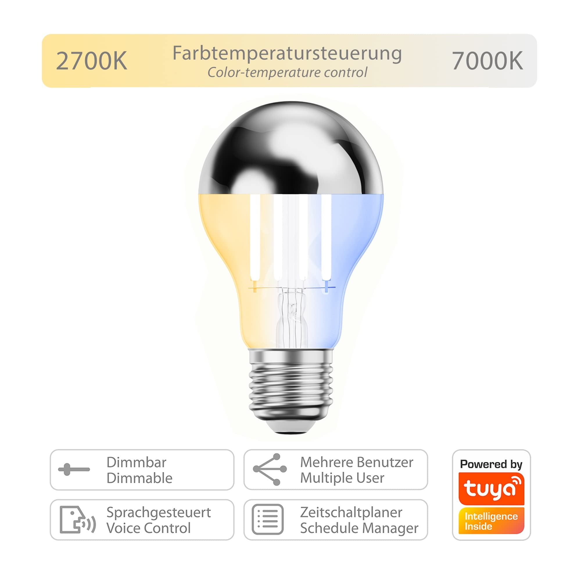 ledscom.de 2 Pieces E27 LED Bulb, A60, Warm White, Cool White (2700-7000 K), 4.8 W, 486lm, Smart Home, WLAN, Alexa - Image 3