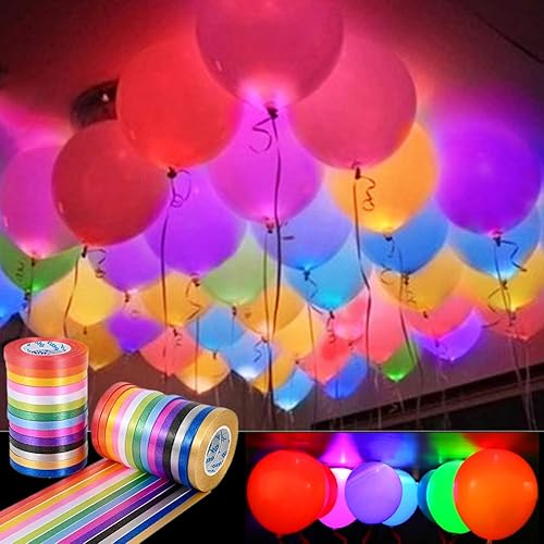 ALUNME 20 globos LED, con 10 cintas de colores, globos de luz LED multicolor que duran 24 horas, suministros de fiesta que brillan en la oscuridad