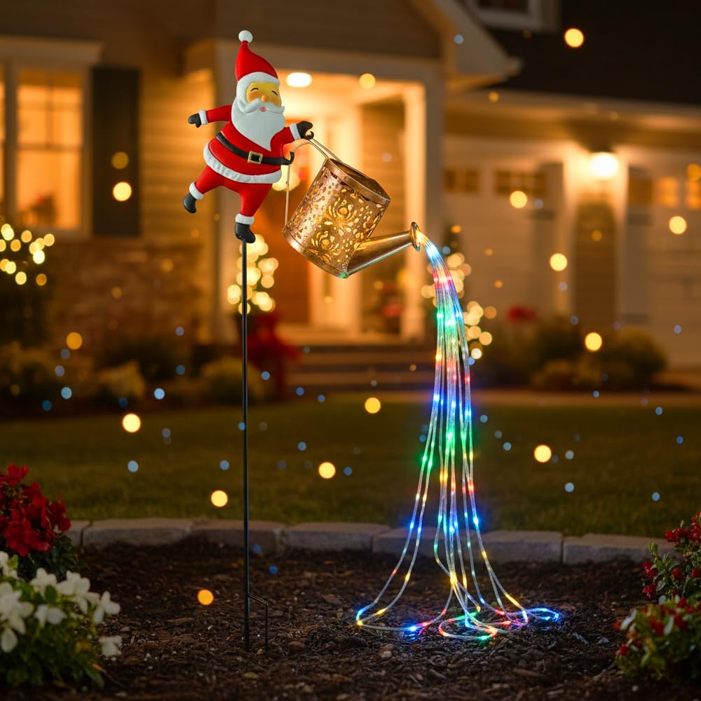 Christmas Santa Solar Kettle Lights Outdoor, Metal Solar Watering Can with Colorful LED Light Garden Ornaments for Yard, Patio, Lawn, Pathway (multicolor light)