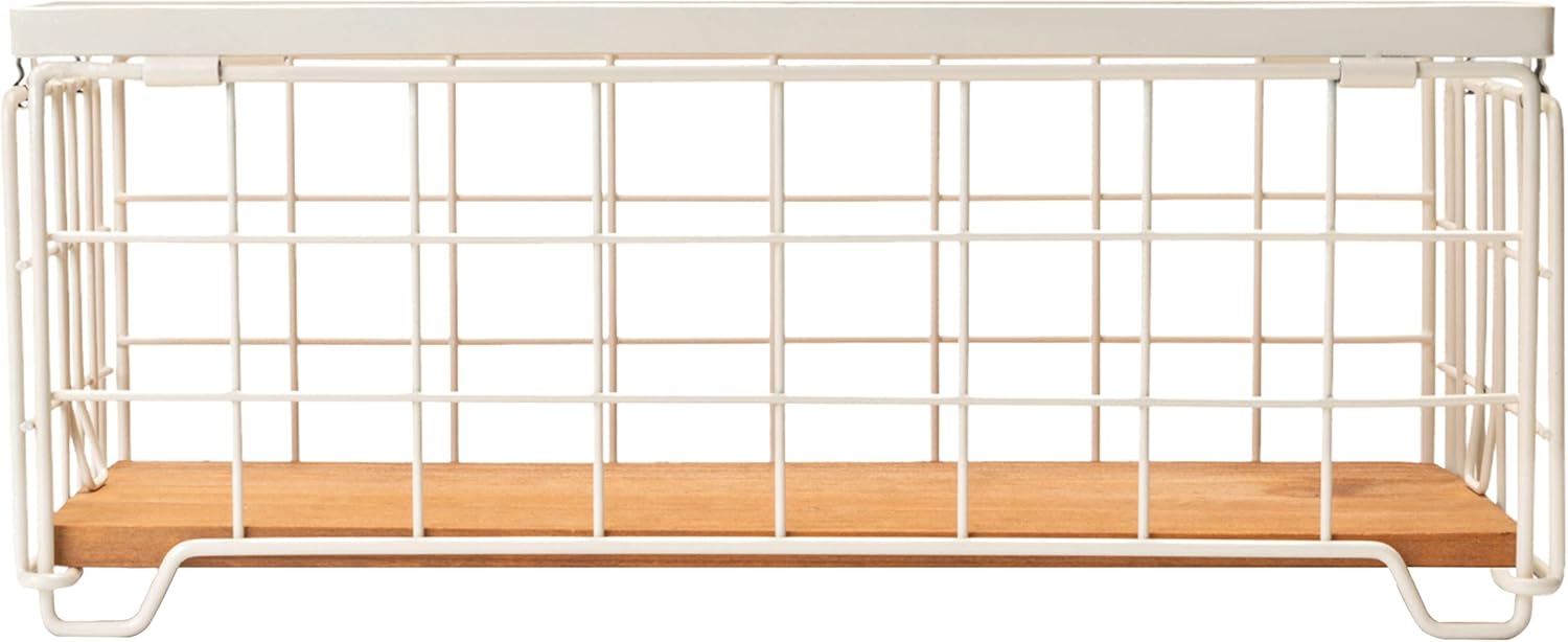 Metal Wire Storage Basket, Toilet Paper Roll Holder Wood Base Countertop Decor Box Toilet Tank Shelf Cabinet Organizer for Bathroom Pantry Garage Bedroom Livingroom (Cream White (2 Pack))