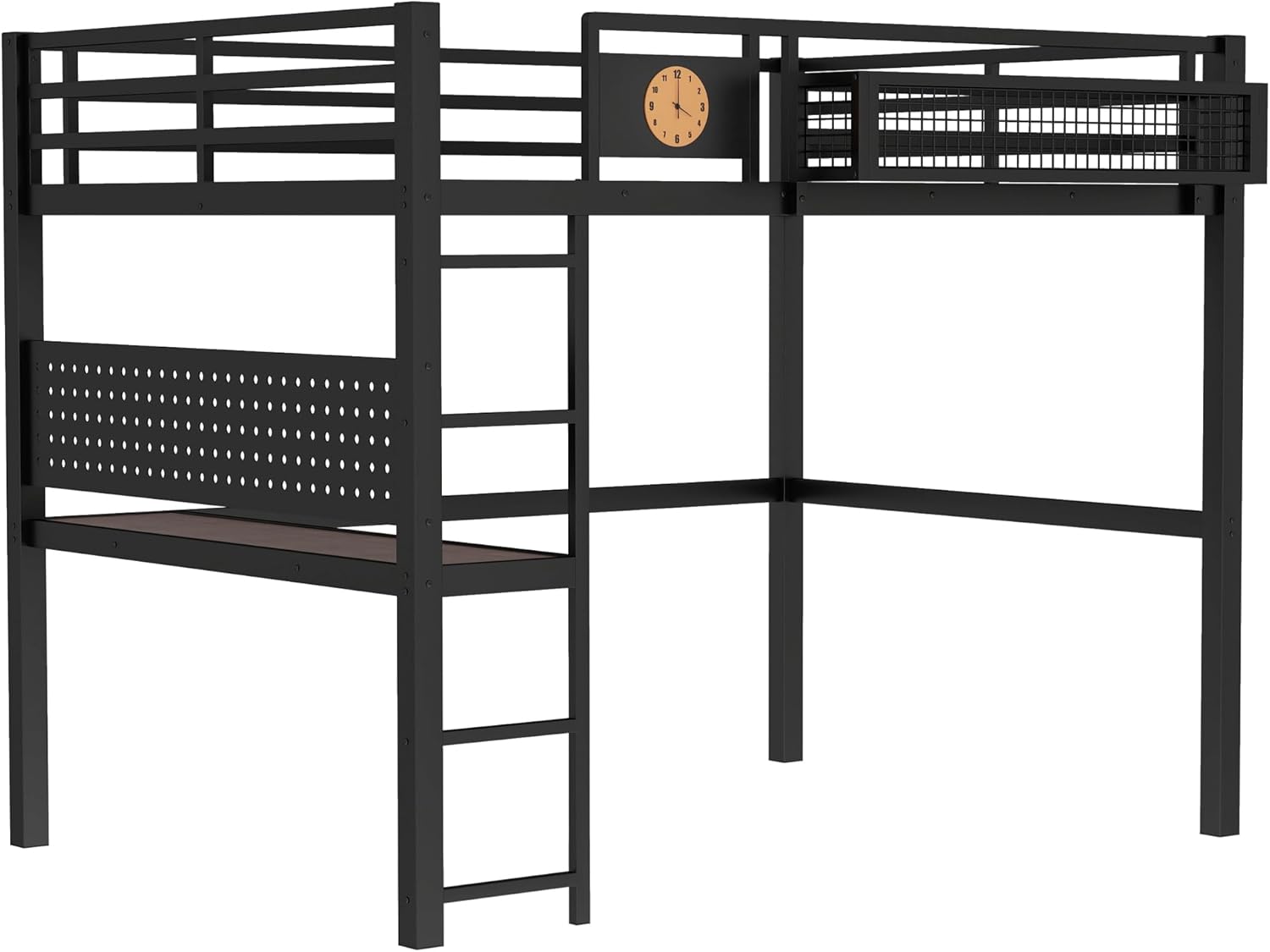 Bellemave Metal Loft Bed Studio Loft Bunk Bed Over Desk with Storage Basket, Charging Port and Clock, Queen Loft Bed for Dorm, Boys & Girls Teens, Black