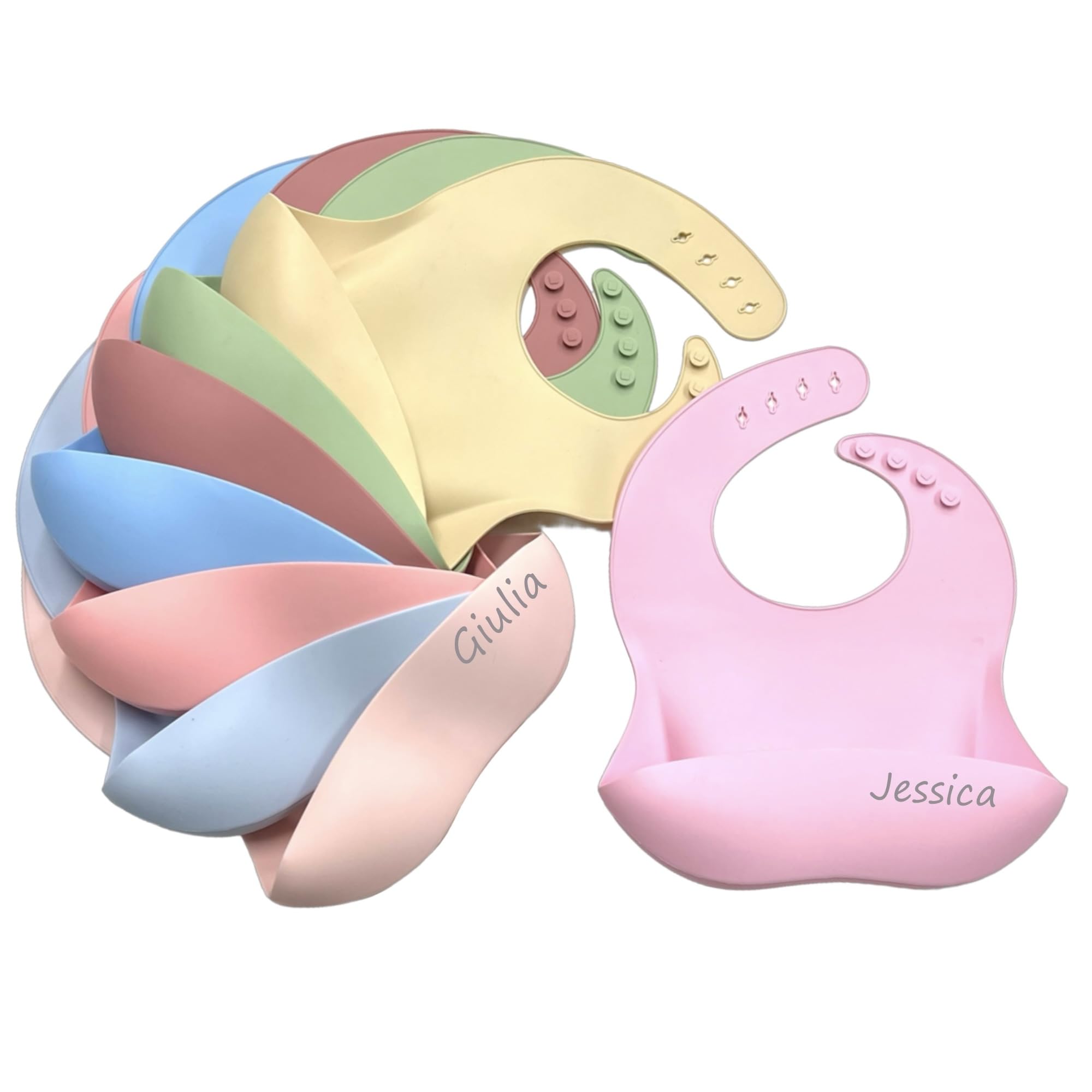 Bavaglino in silicone personalizzato con nome con tasca raccogli cibo privo di BPA