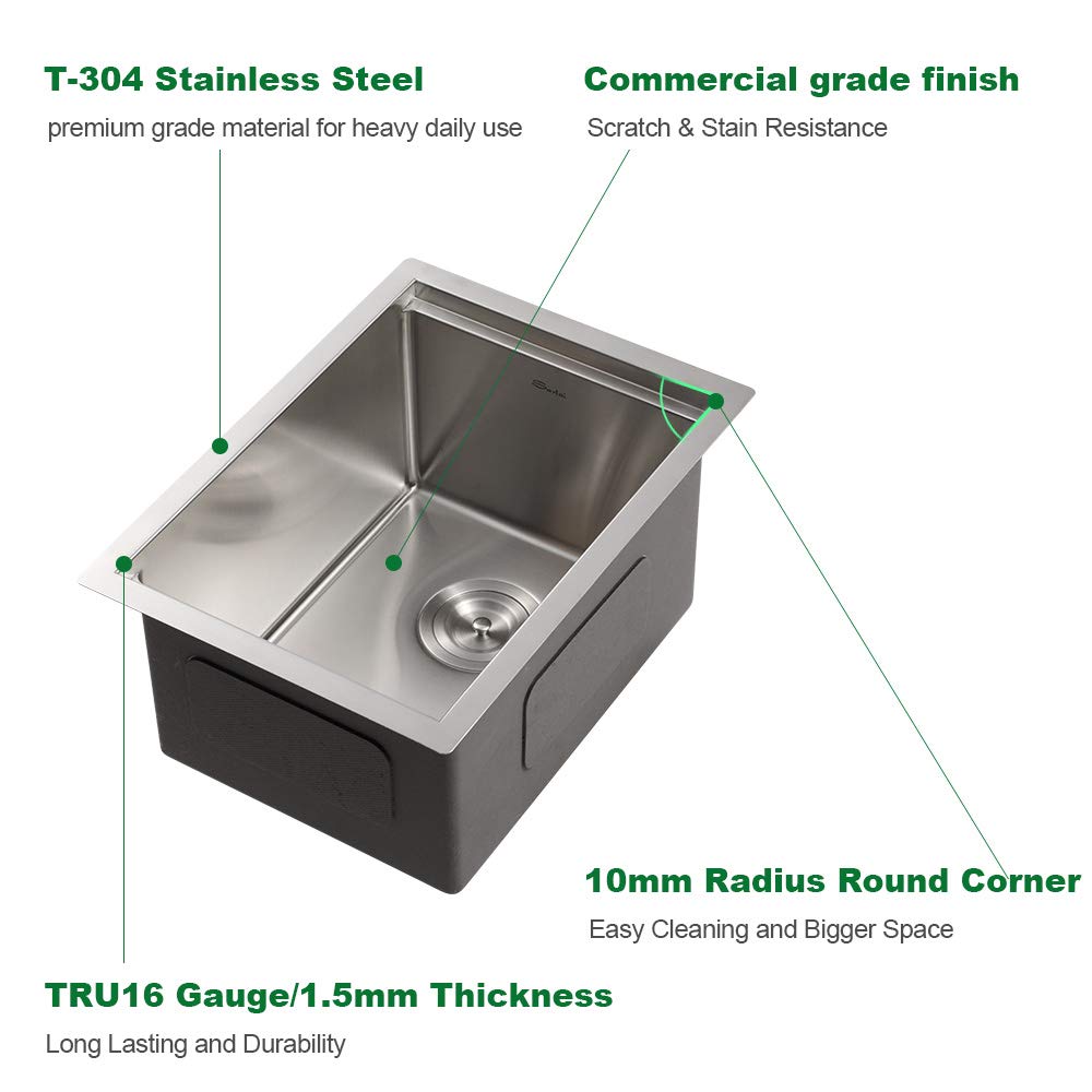 Bar Prep Sink Undermount - Sarlai 14x19 Inch Workstation Bar Prep Sink Undermount Single Bowl Tight Radius 16 Gauge Stainless Steel RV Sink Kitchen Sink Basin