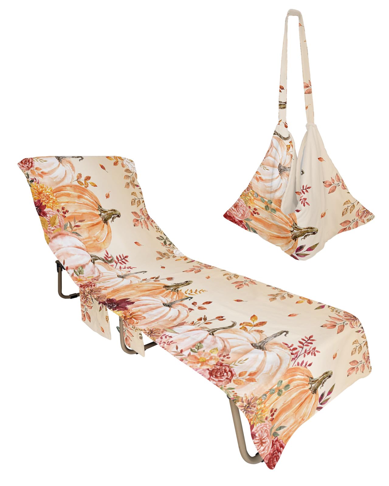 Thanksgiving Fall, Beach Lounge Chair Towel Cover, Soft Chaise Lounge Towel with Side Pockets Patio Pool Chairs Cover for Beach/Pool Sunbathing 29x85 Fall Orange Pumpkin Flower Eucalyptus