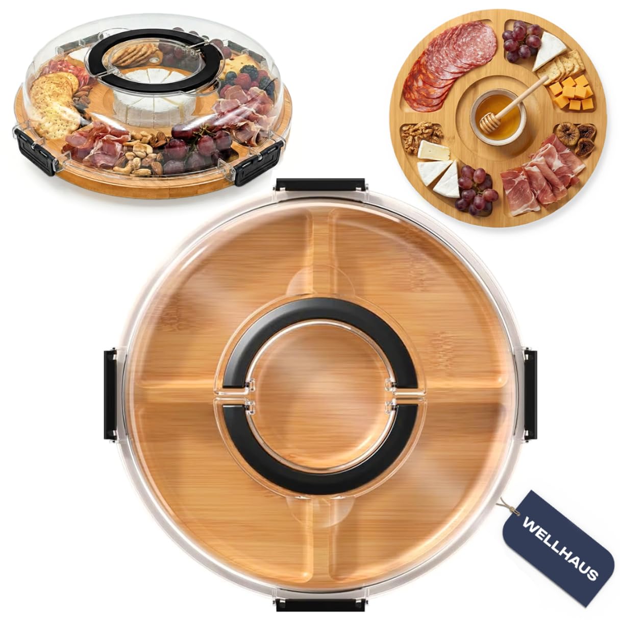 Tagliere per formaggi con coperchio - Tagliere charcuterie in bambù per snack e antipasti, piatto rotondo per formaggi, tagliere da portata, tagliere da cucina, piatto da portata portatile