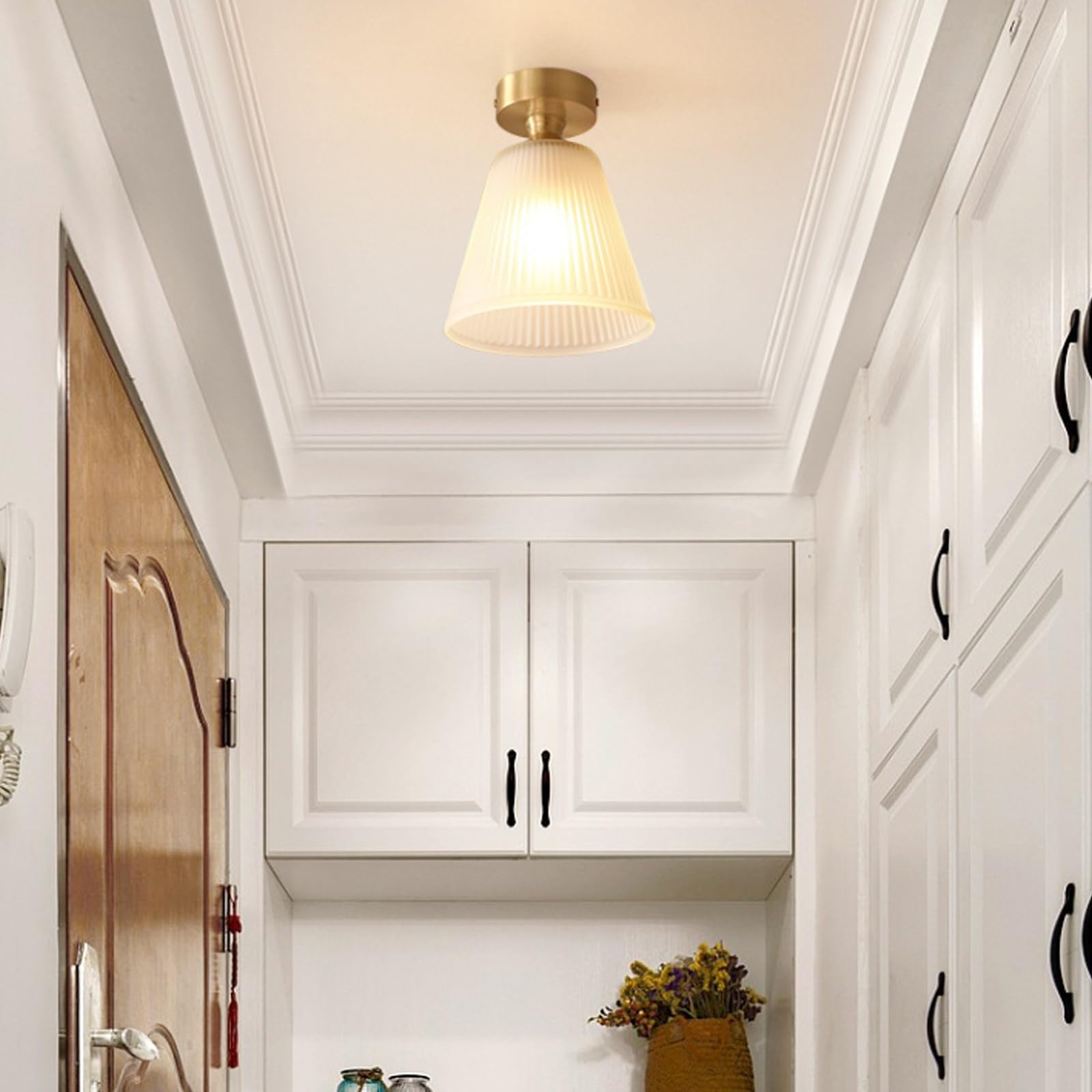 Złota lampa sufitowa do montażu podtynkowego, nowoczesna lampa wisząca z żebrowanego szkła z połowy wieku, mała lampa sufitowa do przedpokoju, salonu, korytarza, łazienki