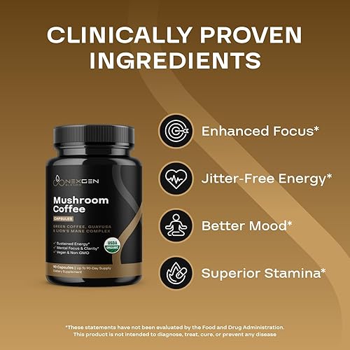 Miniatura 5 de Cápsulas de café de hongos 100% orgánicos, suplemento energético natural con 130 mg de cafeína de extracto de café verde y guayusa patentados