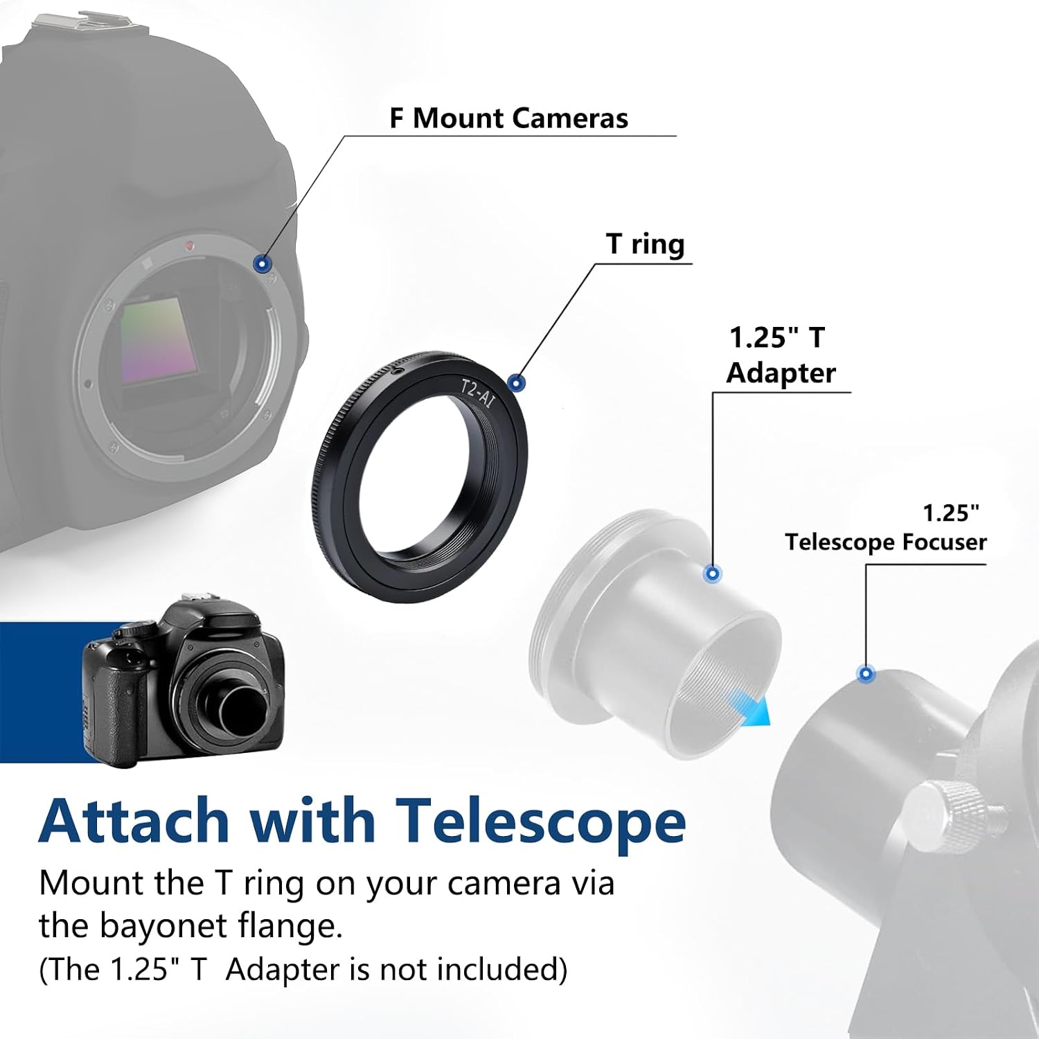 Lightdow T/T2 Mount Lens Adapter Ring for Nikon D5500 D3300 D3200 D5300 D3400 D7200 D750 D3500 D7500 D500 D600 D610 D700 D800 D810 D850 D3100 D5100 D5200 D5600 D7000 D7100