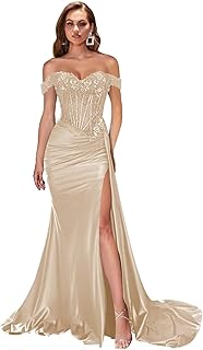 Women's Off The Shoulder Satin Bridesmaid Dresses Long Slit Mermaid Prom Dress 2025 Lace Applique Corset Party Gowns