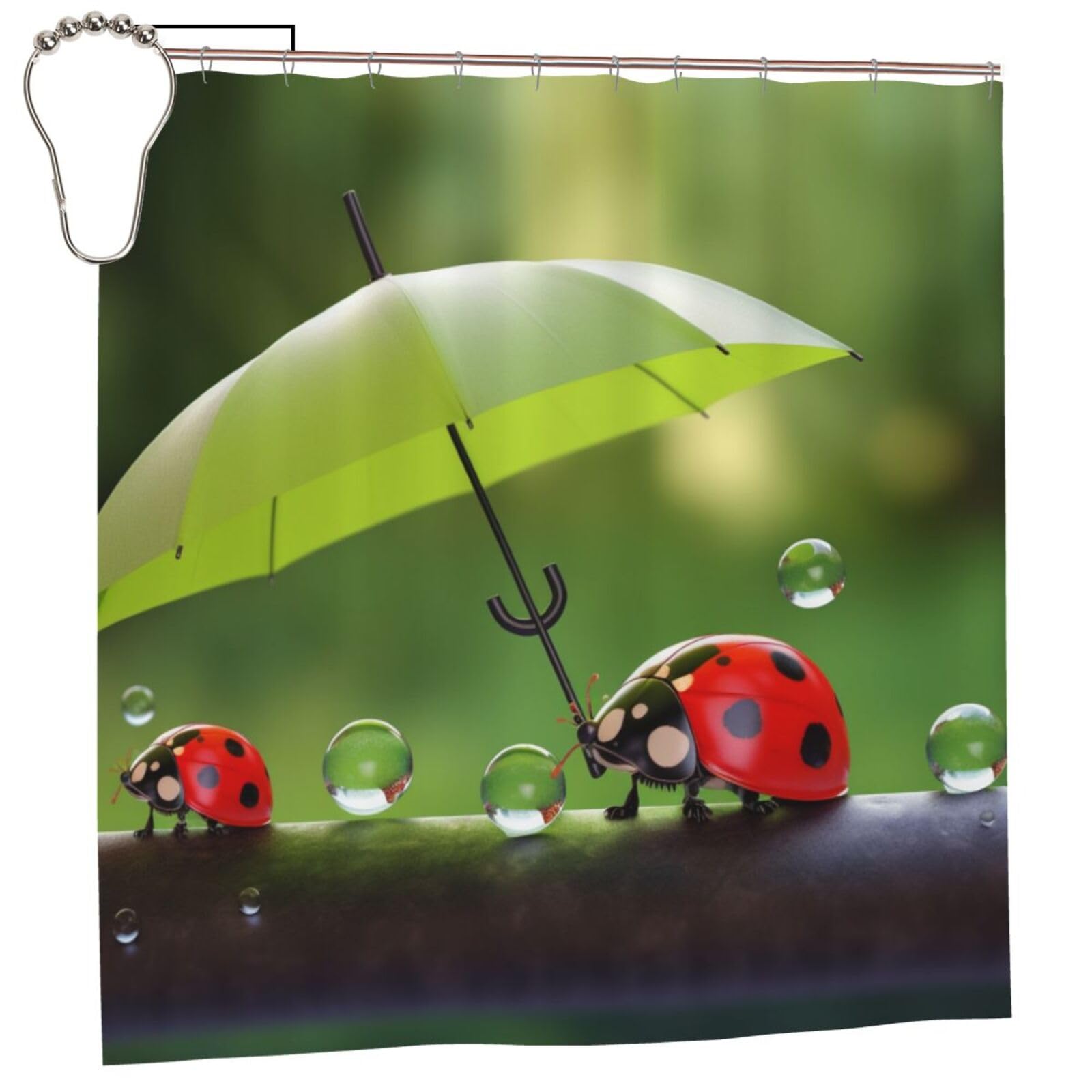 BWWHCCTI Adorable Ladybug With Umbrella Printed Shower Curtain With 12 Iron Hooks Opaque Quick Drying Waterproof Shower Curtains Sets For Bathroom 183x183 CM
