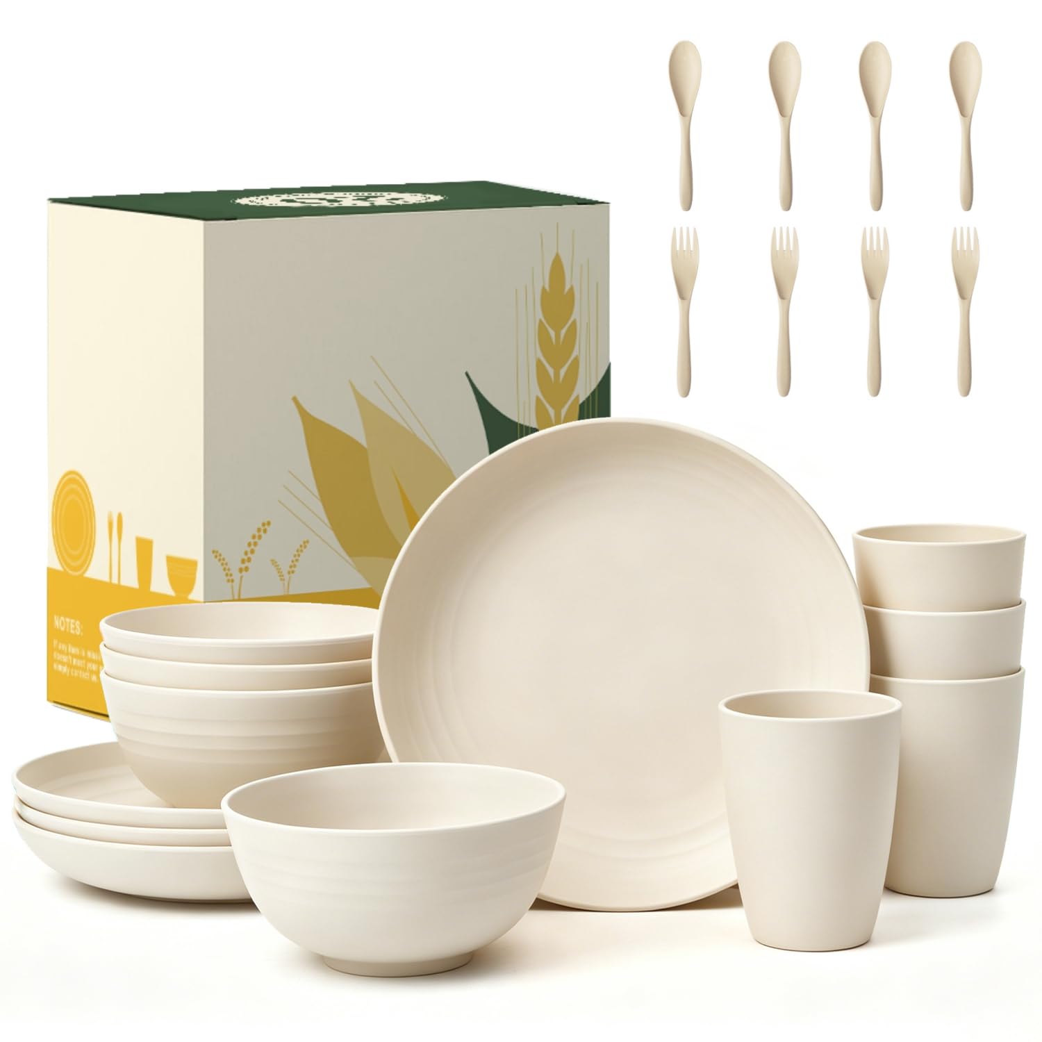 Wrova Premium Dinner Set 20 Piece - Lightweight & Reusable Plastic Cutlery Set for 4 - Microwave and Dishwasher Safe Plates and Bowls Set with Fork, Spoon for Camping & Home - Beige — image 1