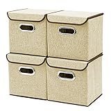Storage Boxes [4-Pack] EZOWare Linen Fabric Foldable Basket Cubes Organizer Bin Box Containers Drawers with Lid - Beige For Office Nursery Bedroom Shelf