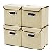 Storage Boxes [4-Pack] EZOWare Linen Fabric Foldable Basket Cubes Organizer Bin Box Containers Drawers with Lid - Beige For Office Nursery Bedroom Shelf